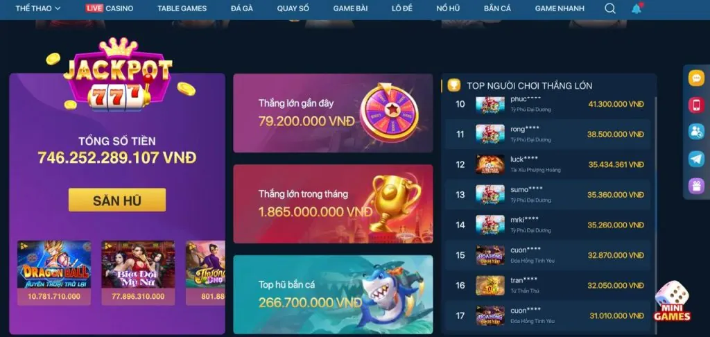 Đa dạng trò chơi cá cược tại 77bet nổ hũ